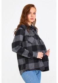 Resim Kadın Füme-siyah Slim Fit Cepli Ekoseli Oduncu Gömlek-kkkodg001r03s Füme-siyah 