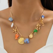 Resim 1 adet Boho Tatil Stili Ahtapot Yıldız Balığı Metal Kabuk Seramik Balık Kolye Kadınlar için - Çinko Alaşımlı, Yeşil Mantar Şanslar, Plaj Hediyeleri ve Günlük Giyim için Mükemmel, Plaj Takıları | Canlı Aksesuar | Çinko Alaşımlı Kolye 
