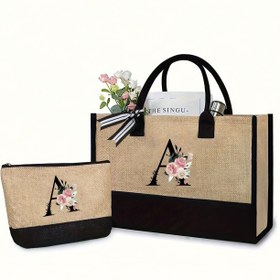 Resim Çiçek Desenli Harfli Keten Çanta - Makyaj Çantası Dahil, Kişiselleştirilebilir Hediye Çantası, Düğün, Doğum Günü, Plaj, Tatil ve Okul İçin Uygun, Kadınlar, Anne ve Arkadaşlar için Harika Bir Seçim, Basit Büyük Kapasiteli El Çantası, Taşınabilir Günlük Depolama Çantası 