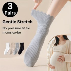 Resim 3 Çift Kadınlar için Orta Boy Hamilelik Çorapları - Nazik Esneklik, Geniş Yaprak Manşetli, Makinede Yıkanabilir Rahatlık İçin Pamuk Karışımı (Beyaz/Siyah/Gri) - Anne Olacak Anneler İçin Düşünceli Hediye, Petal Cuff Tasarımı, Bağlamayan Tasarım 