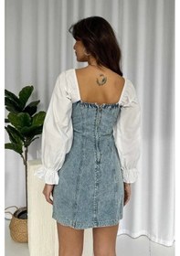 Resim Defymoda Mavi Önü Fiyoklu Kot Elbise Mavi 