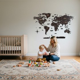Resim Ahşap Dünya Haritası - Çok Katmanlı 3D Ahşap Duvar Dekoru (Kahverengi) - 200x107 cm / İspanyolca 