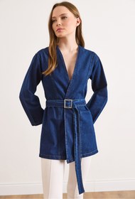Resim Olalook Kadın Koyu Mavi Kuşaklı Mevsimlik Denim Ceket CKT-19000515 