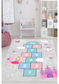 Resim Dijital Baskılı Dekoratif Kaymaz Taban Yıkanabilir Kız Çocuk Seksek Temalı Modern Çocuk Halısı Gri 