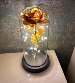 Resim Premium Kristal Solmayan Gül Işıklı Cam Fanus - Gold 