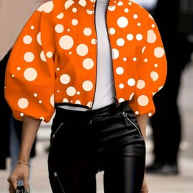 Resim LN955 Kadın Sonbahar Günlük Kısa Ceket - Yüksek Yaka Uzun Kollu Çiçekli & Geometrik Baskı, Fermuarlı Ön, Makinede Yıkanabilir, Siyah/Beyaz/Mavi/Kırmızı, Mevsimlik Moda, Cesur Kontrast Tasarım, Dayanıklı Kumaş, Baskılı Dış Giyim, Modaya Uygun Kadınlar 