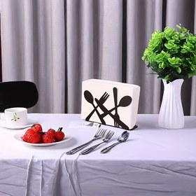 Resim Demir Peçete Tutucu - Ev, Mutfak, Kafe, Restoran Masası Dekorasyonu için Çatal Bıçak Tasarımı - Siyah Metal Kağıt Peçete Düzenleyici - 1 Paket 