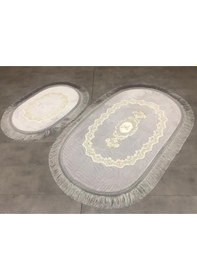 Resim Exclusive Oval Gri 2'li Dantelli Ve Saçaklı Banyo Paspası Püsküll Gri 