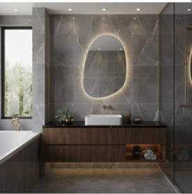 Resim 50x72 Cm Asimetrik Oval Led Banyo Aynası Dokunmatik Dim Edilebilir, 3000k Günışığı Sarı 