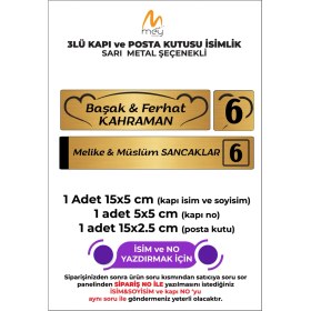 Resim Meyart Altın Metal Kapı İsimliği Seti 3'lü - Kapı İsimliği, Kapı Numarası, Posta Kutusu İsimliği 