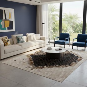 Resim Koyu Siyah Merkezli Bej ve Kahverengi Tonlu Dana Derisi Patchwork Halı - 120x250 cm 