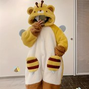 Resim Sevimli Arı Tulum Pijama, Mercan Polar Sıcak Kapüşonlu Uyku Giysisi Cebiyle, Düğmeli Uzun Kollu Gece Giyimi, Yenilikçi Hayvan Kostümü, Sonbahar ve Kış İçin Rahat Ev Giyimi 