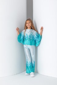 Resim Kız Çocuk Pliseli Arkadan Fermuarlı Çicek Baskılı Bluz - Turkuaz/Mint - 8 Yaş 