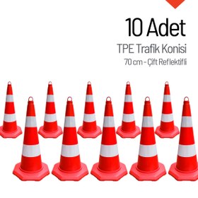 Resim İleri Trafik 10'lu TPE Trafik Konisi Seti 70 cm Çift Reflektifli Trafik Dubası 