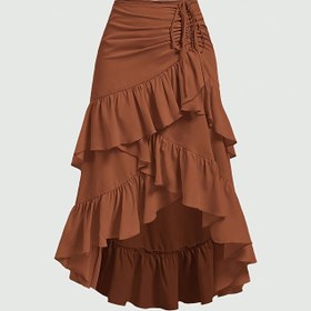 Resim Kadınlar için Şık Kahverengi Asimetrik Fırfır Etek - Çok Katmanlı Tasarım, Polyester, Makinede Yıkanabilir, İlkbahar ve Sonbahar için Mükemmel, Sevimli Eteklere 