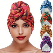 Resim Kadınlar için renkli Afrika tarzı baskılı turban şapkası - Yumuşak, hafif, önceden bağlanmış örgülü başörtüsü şapkası - Ramazan ve günlük giyim için mükemmel, başörtüsü şapkası | Canlı baş giyimi | Yumuşak kumaş şapka, başörtüsü aksesuarı 
