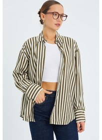 Resim Mixray 4611 Kadın Apolet Detaylı Çizgili Gömlek Haki 