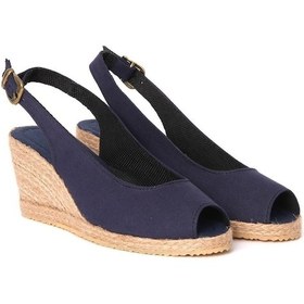 Resim Gerçek Elişi Burnu Açık Arkası Bantlı Dolgu Topuk Lacivert Keten Hasır Espadril Handmade Lacivert 