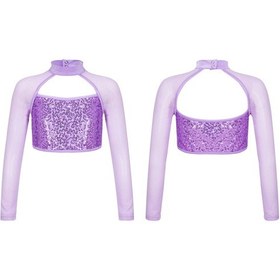 Resim Mor Çocuk Kız Parlak Payetler Kırpma Üstleri Örgü Eklenmiş Uzun Kollu T-shirt Bale Caz Dans Kostümü Mor 
