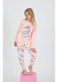 Resim Kız Çocuk Uzun Kollu %100 Pamuklu Pijama Takımı Happines Somon SOMON 