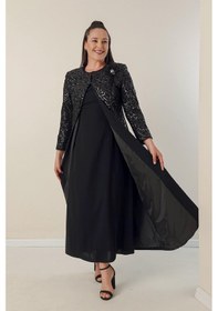 Resim By Saygı Yarım Ay Kollu Uzun Krep Elbise Kolu Ve Önü Pulpayet Kaftan Astarlı Büyük Beden 2'li Takım-34854-siyah Siyah 