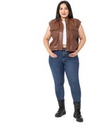 Resim Büyük Beden Alttan Büzgü Detaylı Cepli Astarlı Deri Kısa Kahverengi Yelek-kahverengi Kahverengi 