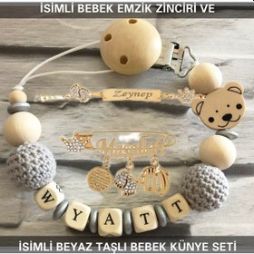 Resim Sahi Aksesuar İsimli Bebek Emzik Zinciri Ve İsimli Bebek Künye Seti Bezyı702 Bej - Mavi 