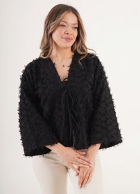 Resim CİVAN TEKS Kadın Full Saçaklı İp Bağlamalı Toptan Siyah Kimono 