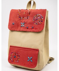 Resim Fabric Craft Bag Sırt Çantası Kumaş Boho Nakışlı Koyu Bej - Bordo 
