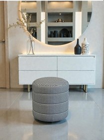 Resim Lüks Cnc Çizgili Yuvarlak Puf Makyaj Masası Pufu Dekoratif Ayak Uzatma Kaz Ayağı Model Siyah Beyaz 