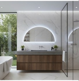 Resim 45x90 Cm Yarım Oval Led Banyo Aynası Dokunmatik Sensörlü, Dimmerli, 6500 Beyaz Işıklı Modern Duvar Aynası Beyaz 