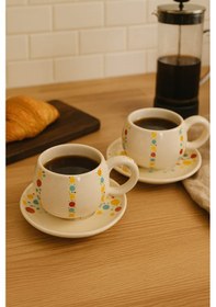 Resim Dekorasyaa Duble 2'li Seramik Kahve Fincan Takımı - 150ml - Renkli Benek Desenli Beyaz 