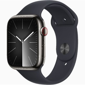 Resim Apple Watch Series 9 GPS + Cellular 45 mm Paslanmaz Çelik Kasa ve Spor Kordon - M/L Gümüş 