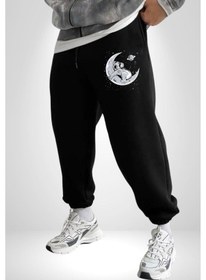 Resim Kuala Sancar Uyuyor Ay Mars 3 İplik Erkek Baskılı Siyah Eşofman Altı Siyah 