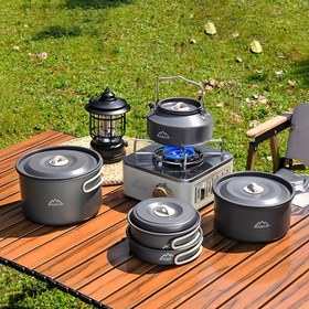 Resim JetBeam Su Şişesi Seti - 3-4 Kişilik Kamp Tencere ve Tava, Taşınabilir Dış Mekan Pişirme Ekipmanı, Katlanabilir Depolama, Kap, Ahşap Spatula, Çorba Kaşığı, Mutfak Bezi Dahil 