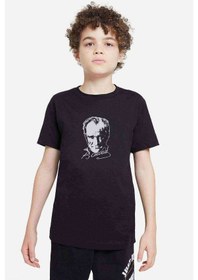 Resim Atatürk 23 Nisan Baskılı Unisex Çocuk Siyah T-Shirt 