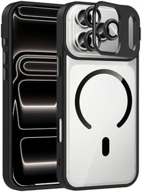 Resim Elfia Apple iPhone 17 Pro Kılıf Şeffaf Standlı Kamera Lens Koruyucu Hediyeli M-Safe Şarj Özellikli Kapak Siyah 