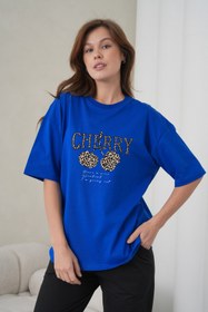 Resim caddekombin Kadın Leopar Desenli Cherry Baskılı Saks Mavisi Yuvarlak Yaka Tişört Siyah Jogger Eşofman Takımı 
