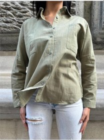 Resim Haki Çift Cepli Viskon Oversize Gömlek Haki 