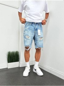 Resim Boyfriend Yırtık Detaylı Baskılı Kot Kapri Şort Mavi 