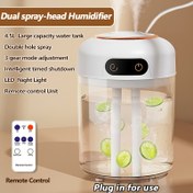 Resim Çift püskürtme başlıklı nemlendirici, Uzaktan kumanda ünitesi, 4.5L büyük kapasiteli görsel su tankı, LED gece lambası, Akıllı zamanlama kapatma, 3 kademeli ayar - İki delikli sürekli püskürtme/Döngülü geçişli püskürtme/Tek delikli sürekli püskürtme 