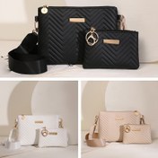 Resim Şık Geometrik Desenli Omuz Çantası Seti - Siyah, Bej, Beyaz, Altın Tonlu Aksesuarlar, Şık Crossbody ve Clutch Çantalar Kadınlar İçin, Şık Crossbody Çanta | Geometrik Desenli Çanta | Fermuarlı Kapatma Çantası 