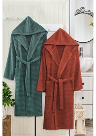 Resim Doğa Yeşil Kiremit Kapüşonlu Çift Bornoz 