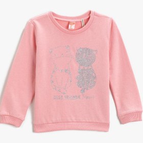 Resim Kız Bebek Kedi Baskılı Sweatshirt Bisiklet Yaka Pamuklu 