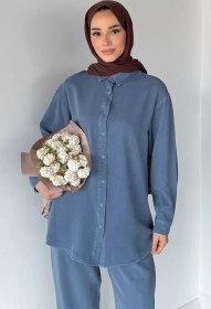 Resim Tesettür Tensel Kumaş Gömlek Tunik İndigo TZL-P-00021264 