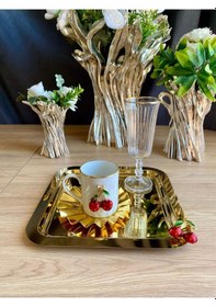 Resim Atabey Home Collection 6 Adet Kahve & Çay & Sunum Tepsisi Gold Tepsi Kiraz Dökümlü 