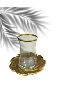 Resim Paşabahçe Heybeli Leafy Model El Dekoru Kesme Mat Gold Detaylı 12 Parça Çay Takımı Şeffaf 