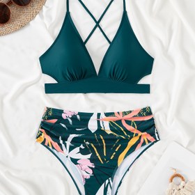 Resim Sevimli Çapraz Sırt Bağcıklı Bikini, Ayarlanabilir V Yaka Yazlık Plaj Giysisi - Kadınlar İçin Çiçek Desenli Yüzme Takımı 