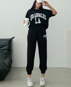 Resim CLAYES Los Angeles T-shirt Eşofman Altı Jogger- Siyah Baskılı Alt Üst Eşofman Takım Oversize Bisiklet Yaka 