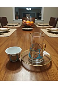 Resim Gold Porselen Tabaklı 18 Parça Çay Takımı Lüks Cam Bardak & Tabak Seti Misafirlik & Çeyizlik Şeffaf 